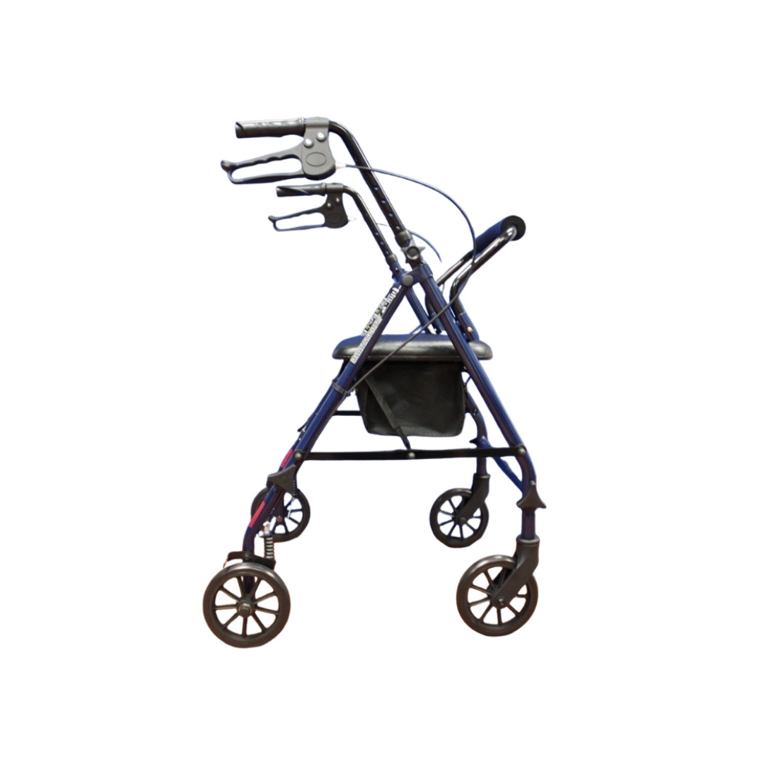 The ProBasics Lightweight Steel Portable KD Rollator in blue features four wheels, ergonomic hand brakes, a padded seat, and a black storage pouch beneath, shown from the side on a white background.