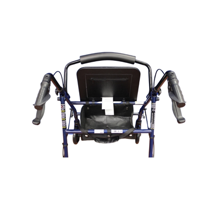A front view of the ProBasics Lightweight Steel Portable KD Rollator in blue features ergonomic hand brakes, a padded seat, and a storage pouch beneath. The rollator is photographed against a plain white background.