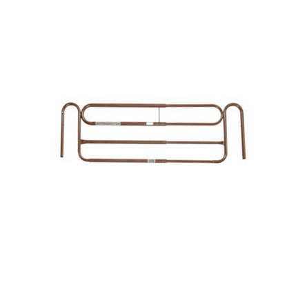 The ProBasics Reduced Gap Full-Length Bed Rail is a brown metal hospital rail with three horizontal bars and curved ends, designed for patient safety and support. It is shown isolated on a white background.