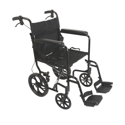 The ProBasics Aluminum Transport Chair with 12-Inch Wheels features footrests and companion-activated hand brakes, offering effortless mobility and easy transport in a lightweight design.
