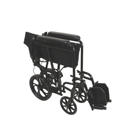 The ProBasics Aluminum Transport Chair with 12-inch wheels is shown folded for storage, displaying its black frame, seat, backrest, companion-activated hand brakes, collapsed footrests, and large rear wheels.