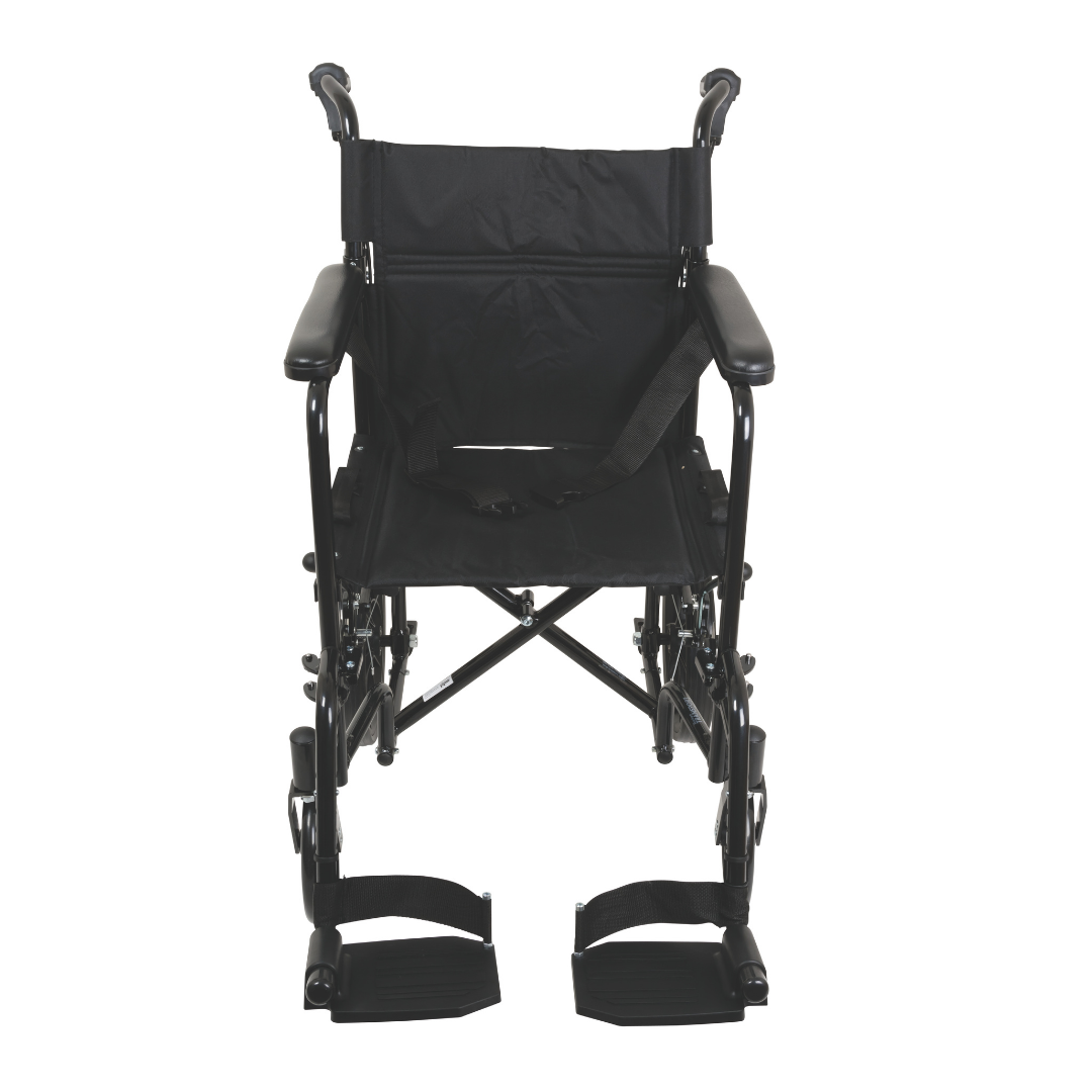 The ProBasics Aluminum Transport Chair with 12-Inch Wheels is a lightweight black chair featuring armrests, a seatbelt, and footrests. Shown from the front against a white background.