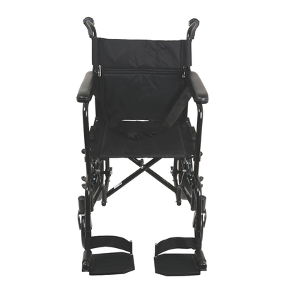The ProBasics Aluminum Transport Chair with 12-Inch Wheels is a lightweight black chair featuring armrests, a seatbelt, and footrests. Shown from the front against a white background.