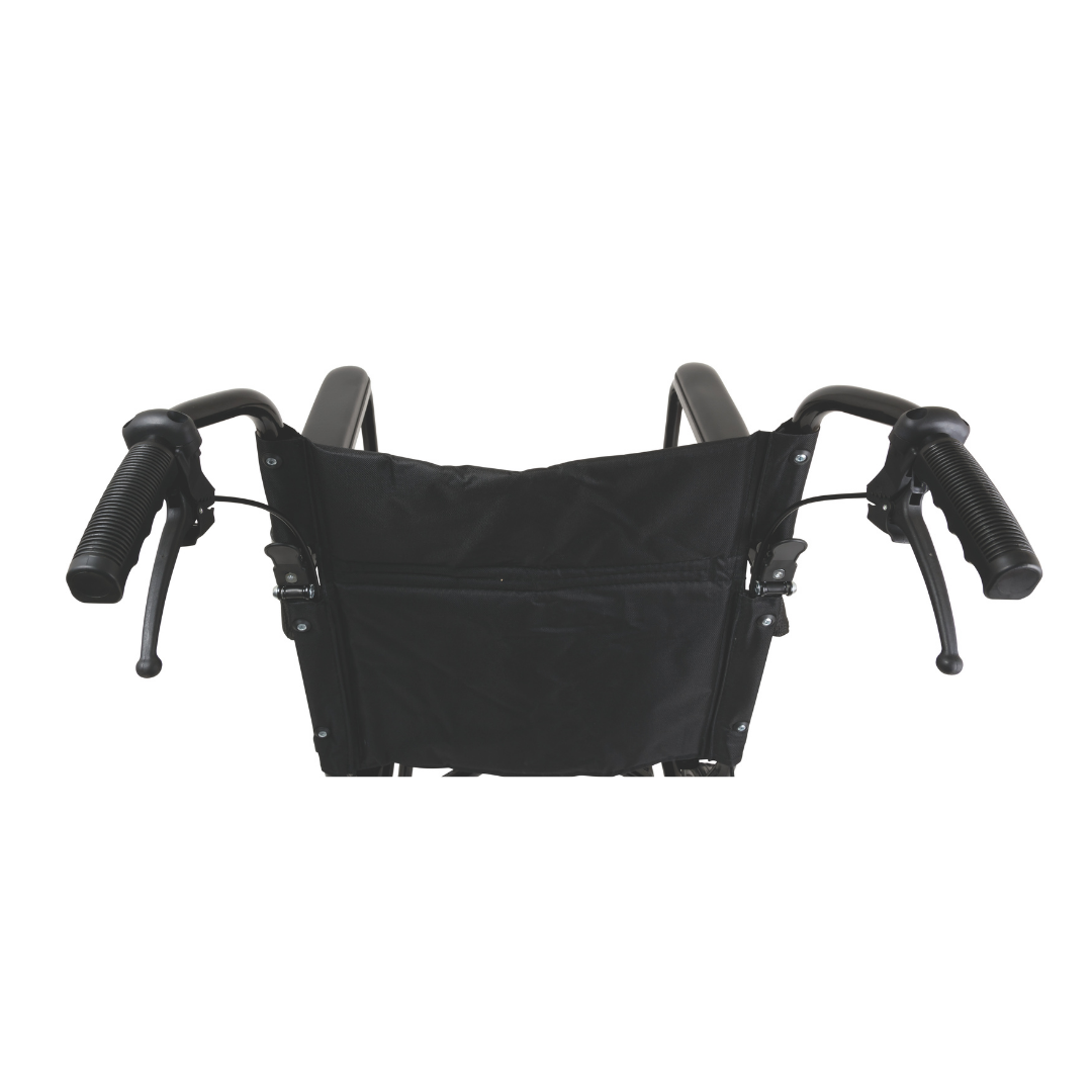 Rear view of the ProBasics Aluminum Transport Chair with 12-inch wheels, companion-activated hand brakes, two push handles, and a fabric backrest.