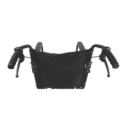 Rear view of the ProBasics Aluminum Transport Chair with 12-inch wheels, companion-activated hand brakes, two push handles, and a fabric backrest.
