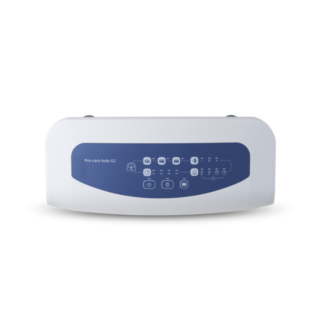 Front view of a white medical device with a blue control panel featuring various buttons and icons. The label reads Wellell Procare Auto G2, designed for use with Alternating Pressure & LAL Mattress System.