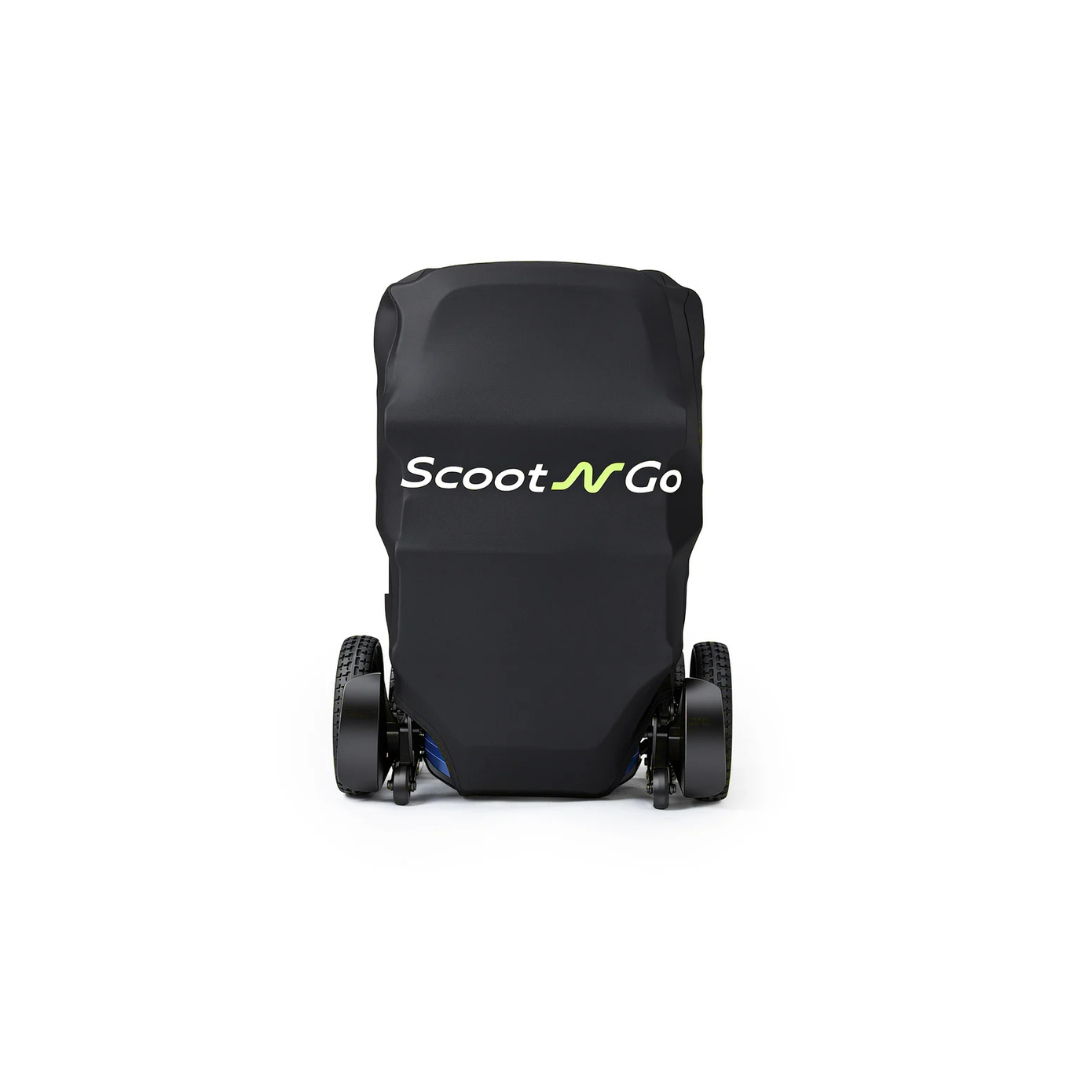 A black, wheeled device with “Scoot N Go” written on the front is viewed from behind and partially covered by the Protective Scooter Cover For ScootNgo Lite/Voyager, with two wheels visible—this design is typical of many Voyager Mobility Scooter models and similar Scootngo mobility scooters.