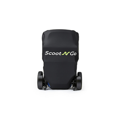 A black, wheeled device with “Scoot N Go” written on the front is viewed from behind and partially covered by the Protective Scooter Cover For ScootNgo Lite/Voyager, with two wheels visible—this design is typical of many Voyager Mobility Scooter models and similar Scootngo mobility scooters.
