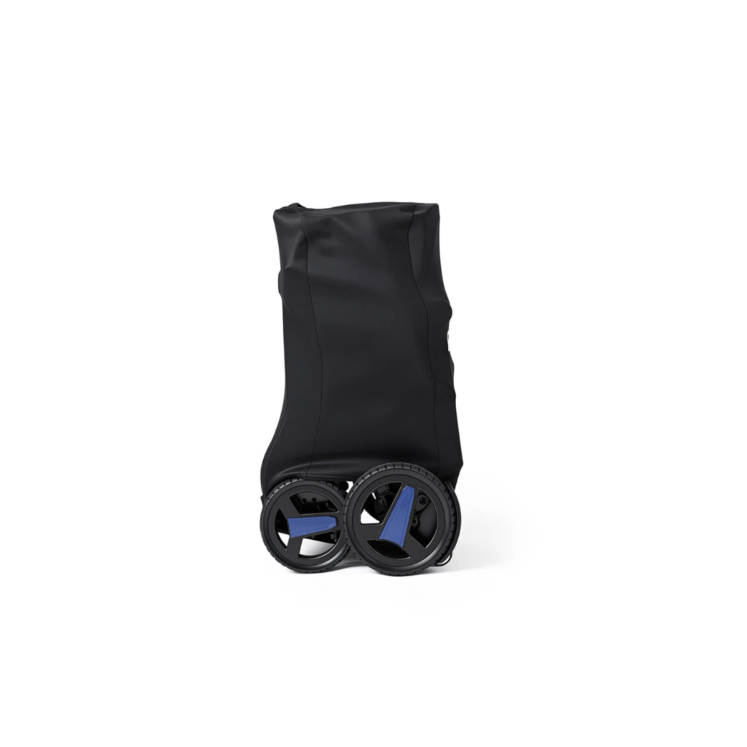 A black, fabric-covered Protective Scooter Cover for ScootNgo Lite/Voyager with blue accents and two large wheels partially visible at the bottom, shown against a plain white background.