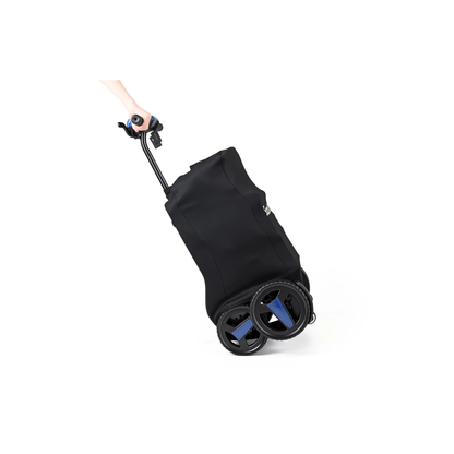 A person pulls a black, wheeled shopping trolley with a telescoping handle and blue-accented wheels, set against a white background—mirroring the practicality and protection provided by the Protective Scooter Cover for ScootNgo Lite/Voyager.