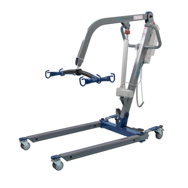 The Proactive Medical Protekt® 500 & 600 Electric Patient Lifts feature a sturdy metal frame, blue base, four wheels, and an adjustable arm with sling attachment for safe transfer of individuals with limited mobility.
