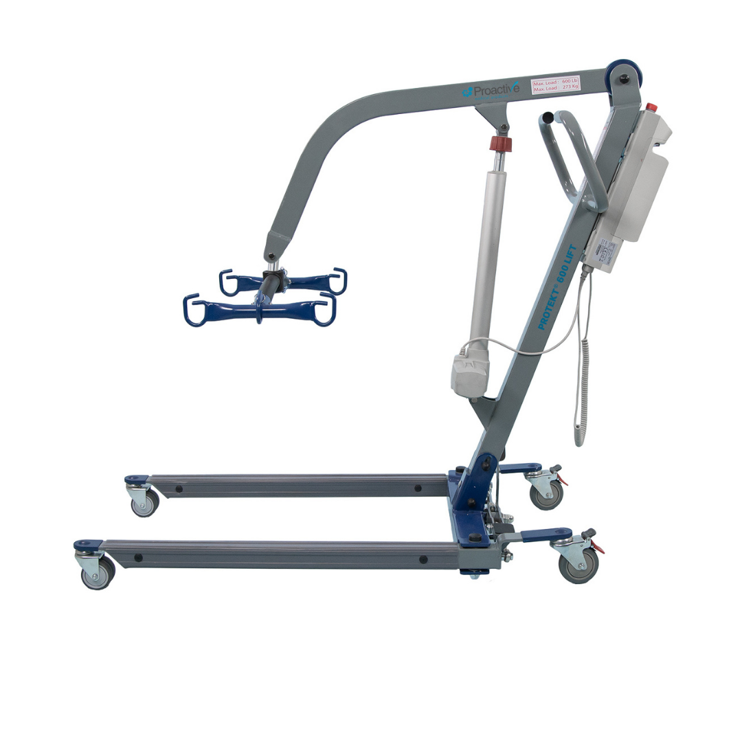 The Proactive Medical Protekt® 500 & 600 Electric Patient Lift is a blue and gray upright device with high weight capacity, four wheels, supporting arm, and sling attachment, designed for safe transfers of individuals with mobility challenges.