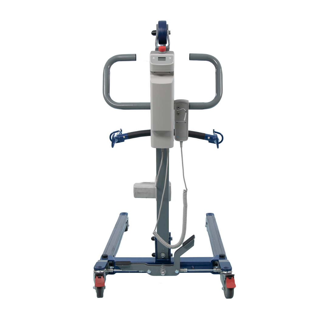 A front view of the Proactive Medical Protekt® 500 & 600 Lift shows a blue and gray electric patient lift with wheels, handles, and a control box. It assists in moving individuals with limited mobility and supports a high weight capacity for safety.