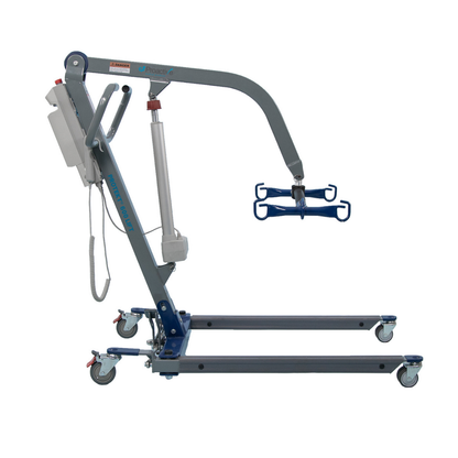The Proactive Medical Protekt® 500 & 600 Lift is an electric patient lift with a metal frame, adjustable arm, four wheels, control box, hand control, and sling attachment for safely lifting individuals with high weight capacities.