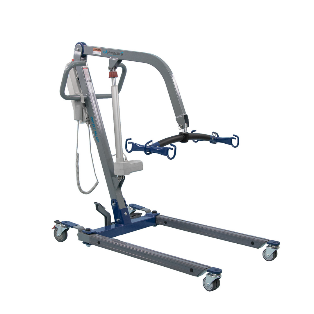 The Proactive Medical Protekt® 500 & 600 Lift is a gray and blue electric patient lift with a curved arm, sling hooks, and four wheels, designed for safe transfers and floor-level lifting for individuals with limited mobility.