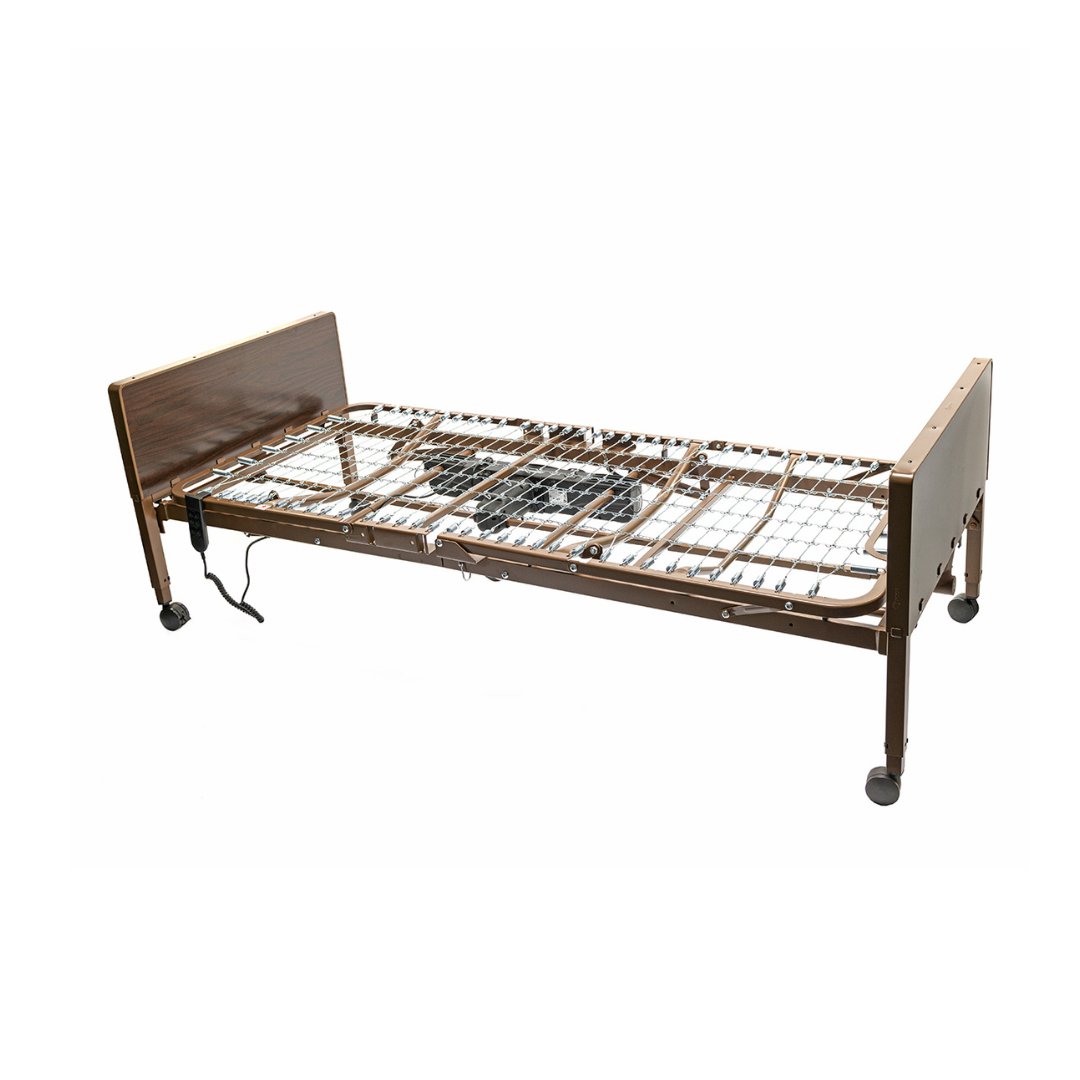 The Proactive Protekt Akra-FE™ Bariatric Full-Electric Bed features adjustable height, durable metal grids, brown headboard and footboard, and wheels on each leg. Shown without a mattress, it's designed for personalized comfort in home care settings.