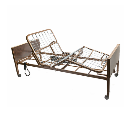 The Proactive Protekt Akra-FE™ Bariatric Full-Electric Bed features a sturdy metal frame, wire mesh support, wood head/footboards, wheels, and electric controls—ideal for convenient patient comfort in home care settings.