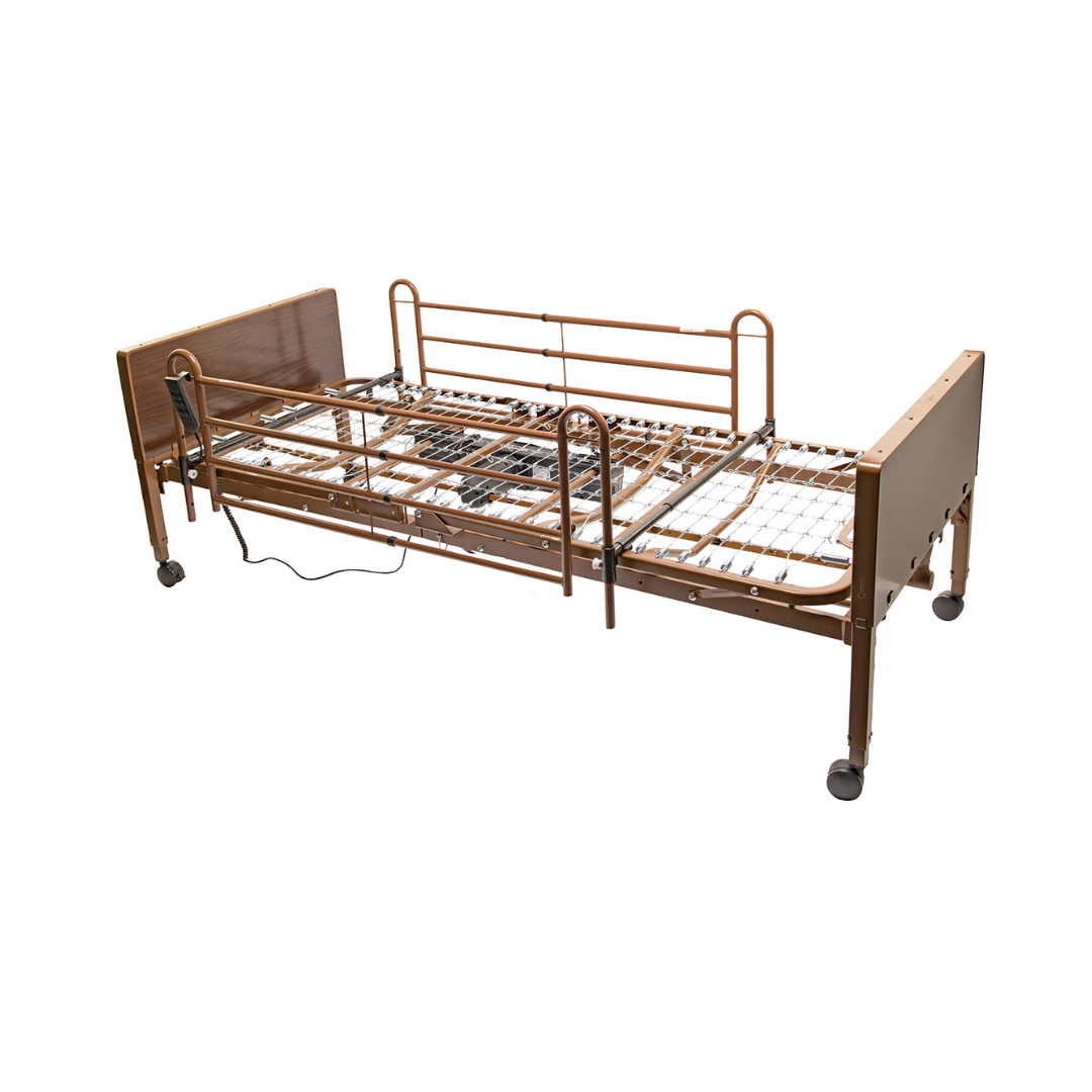 The Proactive Protekt Akra-FE™ Bariatric Full-Electric Bed features metal rails, wire mattress support, brown headboard and footboard, and wheeled legs. Displayed against a white background.