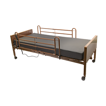 The Proactive Protekt Akra-FE™ Bariatric Full-Electric Bed features brown metal rails, a dark mattress, wheels on each leg, and an electric control cable for adjustable settings, all shown isolated on a white background.