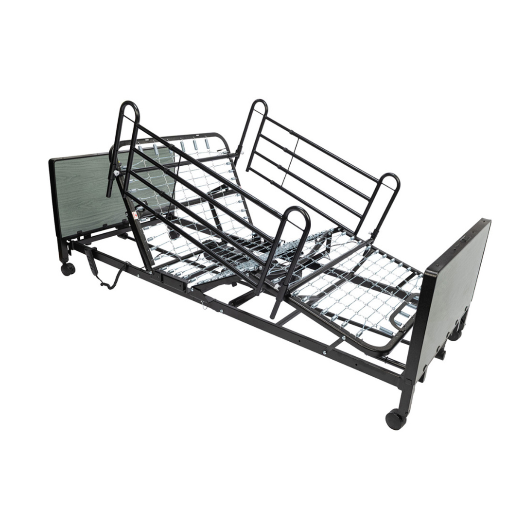 A black adjustable hospital bed, such as the Protekt Akra-FE™ Full-Electric Bariatric “Low” Bed, features metal side rails, a wire mesh base, head and footboards, and wheels for mobility. The homecare bed is shown in a partially elevated position.