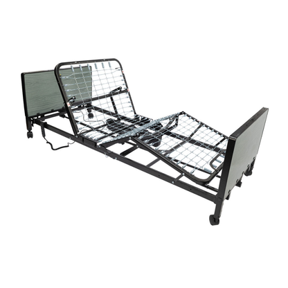 The Protekt Akra-FE™ Full-Electric Bariatric “Low” Bed is an adjustable hospital bed designed with a durable metal frame, wire mesh support, head and foot panels, and wheels for convenient mobility. Perfect for homecare use, it offers partially elevated head and knee sections to improve patient comfort.