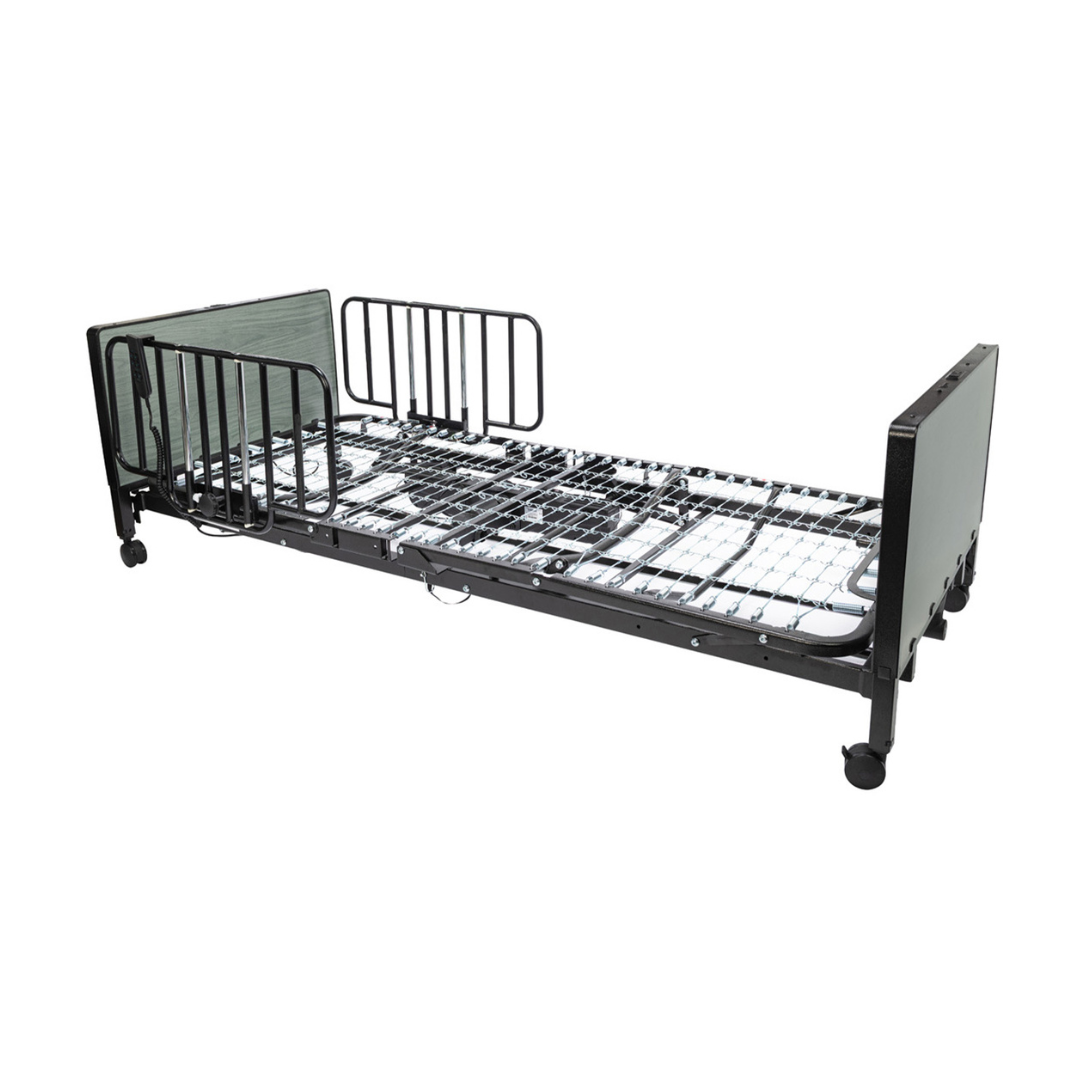 A black adjustable bed, like the Protekt Akra-FE™ Full-Electric Bariatric “Low” Bed, is shown on a white background with sturdy metal side rails and smooth-rolling casters; mattress not included.