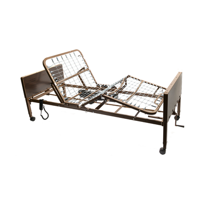 The Proactive Protekt Akra-FE™ Bariatric Semi-Electric Bed features a heavy-duty steel frame, wire mesh surface, brown head/footboards, wheels, and a black hand control for easy bed position adjustments.