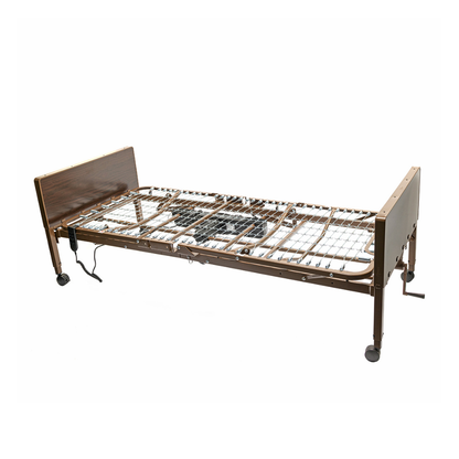 The Proactive Protekt Akra-FE™ Bariatric Semi-Electric Bed features a heavy-duty steel frame, wooden head and footboards, adjustable sections, and wheels for mobility. Shown without mattress.