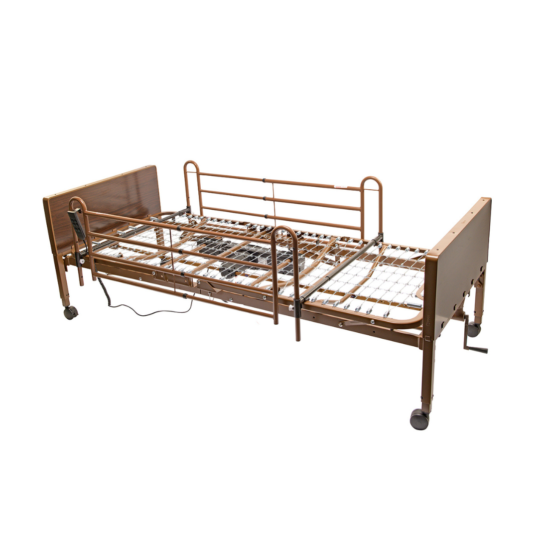 The Proactive Protekt Akra-FE™ Bariatric Semi-Electric Bed, featuring metal rails, a heavy-duty steel frame, and wooden headboard and footboard, is shown on wheels with an electric cord beneath its adjustable frame against a white background.