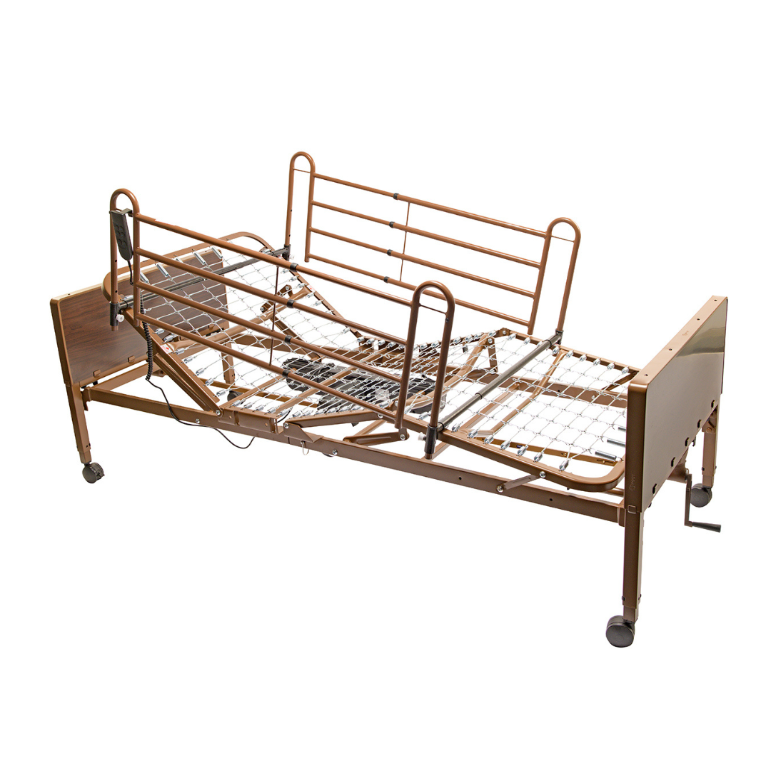 The Proactive Protekt Akra-FE™ Bariatric Semi-Electric Bed in brown features metal side rails, an electric remote for easy position adjustments, a durable steel frame, and caster wheels for mobility; shown without mattress.