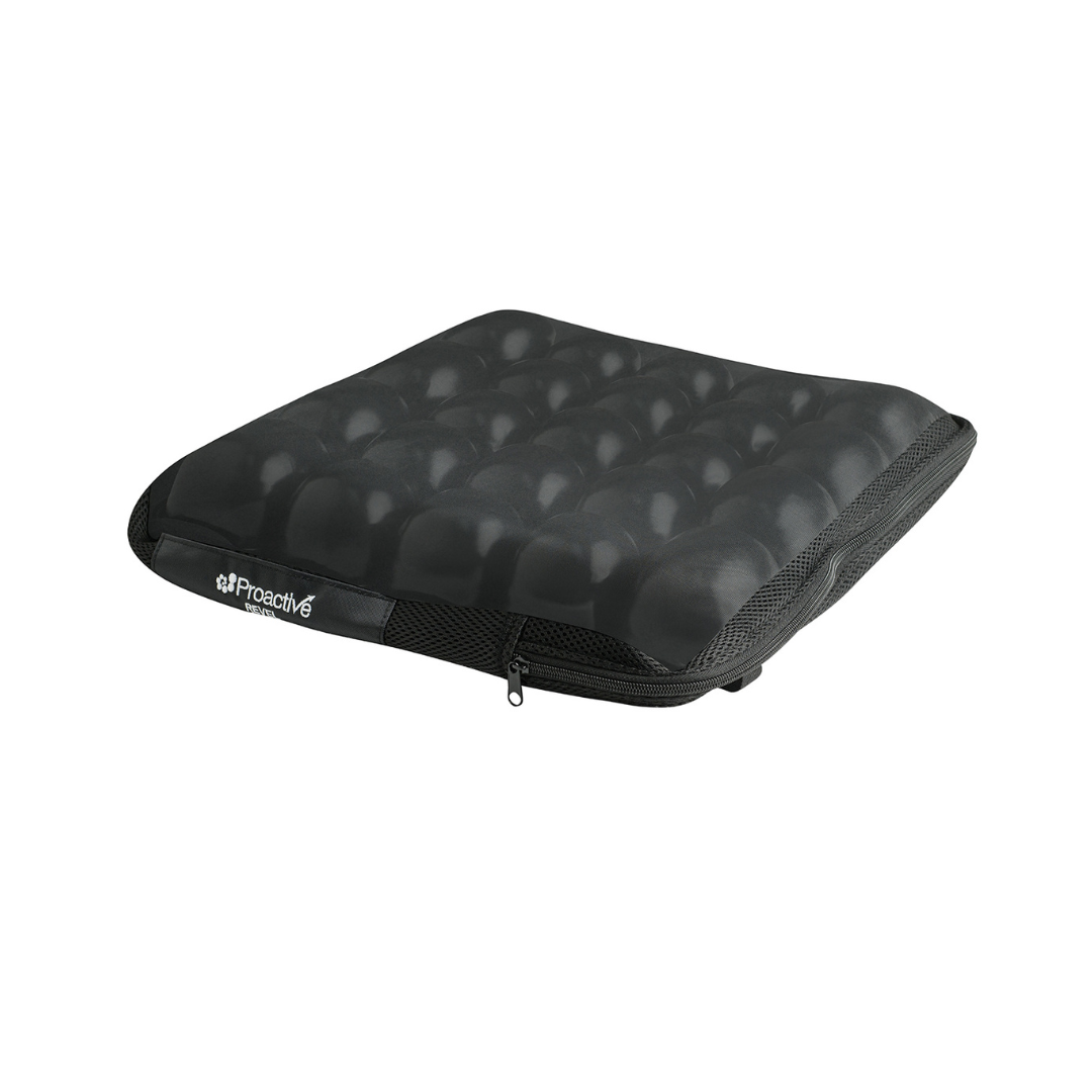 The Protekt® Revel Air Cushion is a black, ergonomic seat cushion featuring advanced air-filled cell technology and a zippered edge for superior comfort and support.