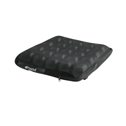The Protekt® Revel Air Cushion is a black, ergonomic seat cushion featuring advanced air-filled cell technology and a zippered edge for superior comfort and support.
