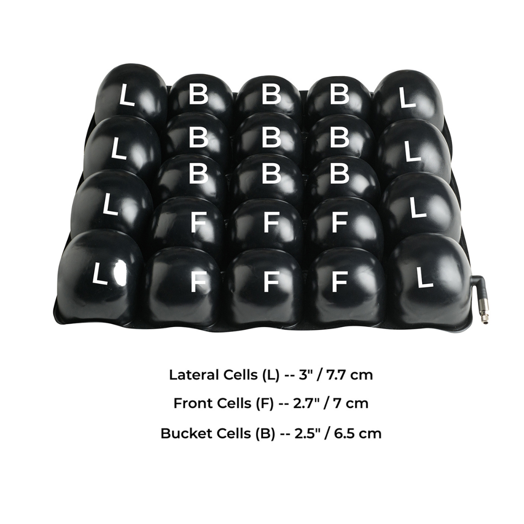 The Protekt® Revel Air Cushion is black and has a 4x4 grid of inflated cells labeled L or B. Lateral cells (L) measure 3" (7.7 cm), front cells (F) are 2.7" (7 cm), and bucket cells (B) are 2.5" (6.5 cm).