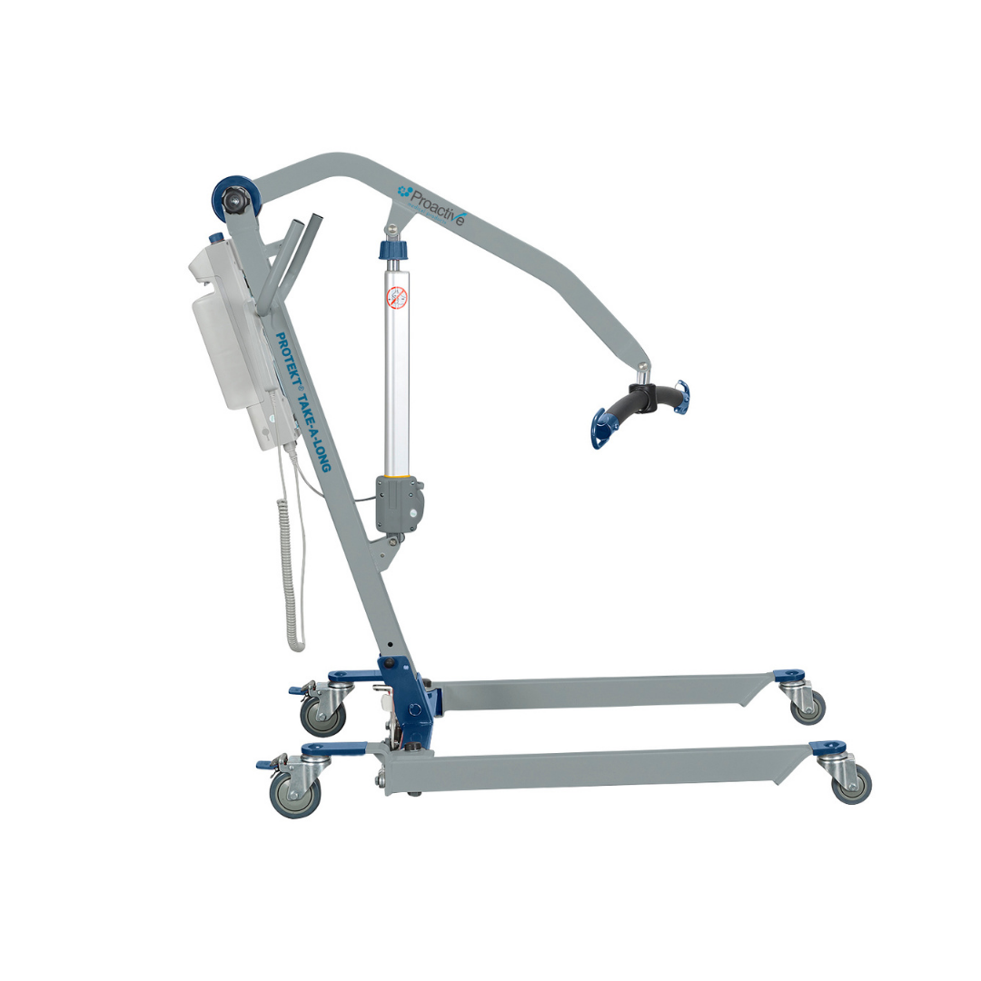 The Proactive Protekt® Take-A-Long Folding Electric Patient Lift is a gray, wheeled lift with adjustable arms, a blue sling bar, control panel, and hanging remote—ideal for transferring individuals with limited mobility.