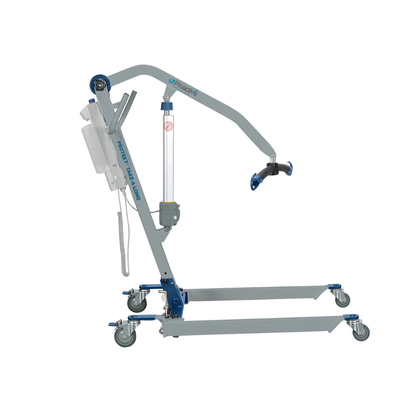 The Proactive Protekt® Take-A-Long Folding Electric Patient Lift is a gray, wheeled lift with adjustable arms, a blue sling bar, control panel, and hanging remote—ideal for transferring individuals with limited mobility.