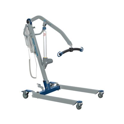 The Proactive Protekt® Take-A-Long Folding Electric Patient Lift features a gray and blue frame, four wheels, and a black padded lifting bar to assist with lifting and transferring individuals with limited mobility.