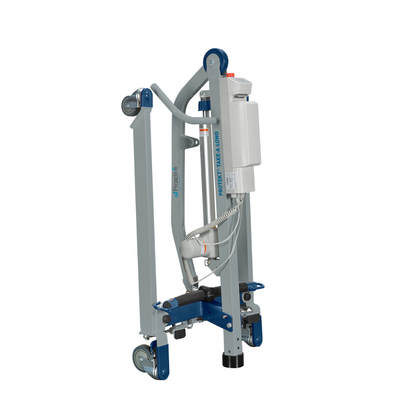 The Proactive Protekt® Take-A-Long Folding Electric Patient Lift is a portable, wheeled metal device with a white electric motor, designed to assist in lifting and transferring patients—ideal for travel use.