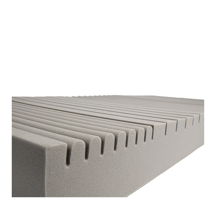 A close-up of the Proactive Protekt® 100 Pressure Redistribution Foam Mattress shows its gray, high-resilience foam block with evenly spaced parallel grooves, set against a white background.