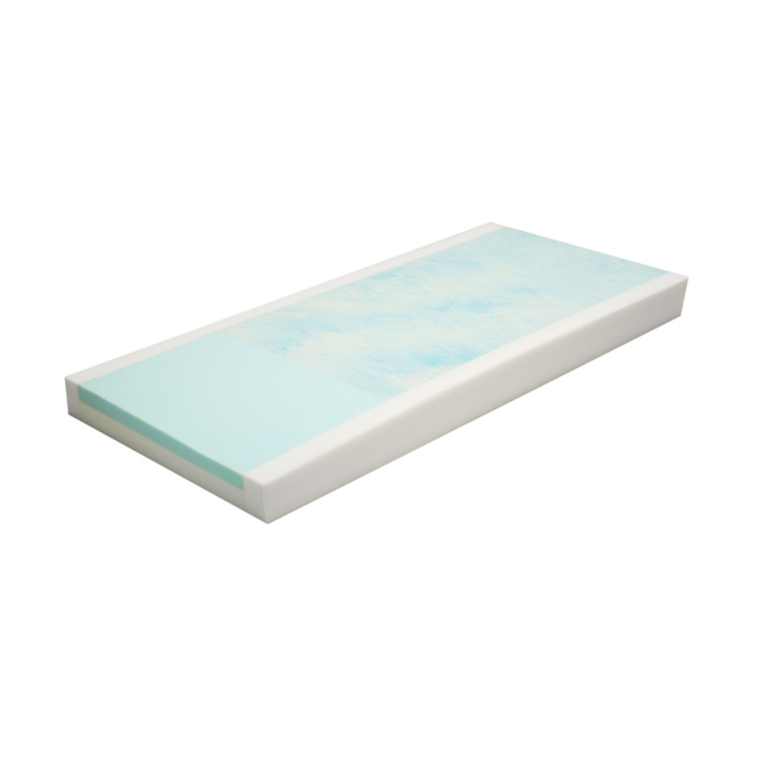 The Proactive Protekt® 500 Gel Infused Foam Pressure Redistribution Mattress features a rectangular design with a light blue gel layer and white foam base, offering enhanced comfort and pressure relief, shown against a white background.