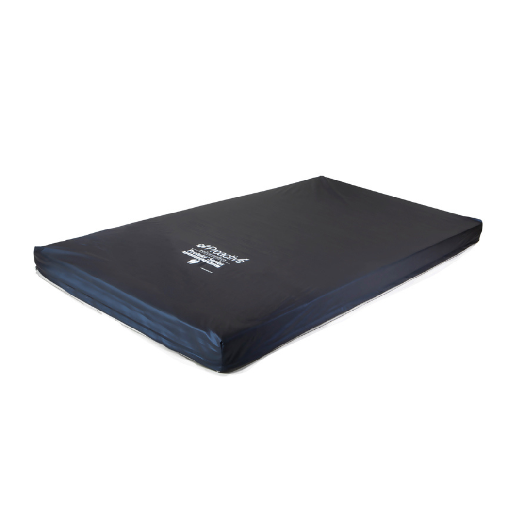 The Proactive Protekt® 500 Gel Infused Foam Pressure Redistribution Mattress is a dark blue rectangular mattress with a smooth, fitted cover featuring white text, displayed on a white background.