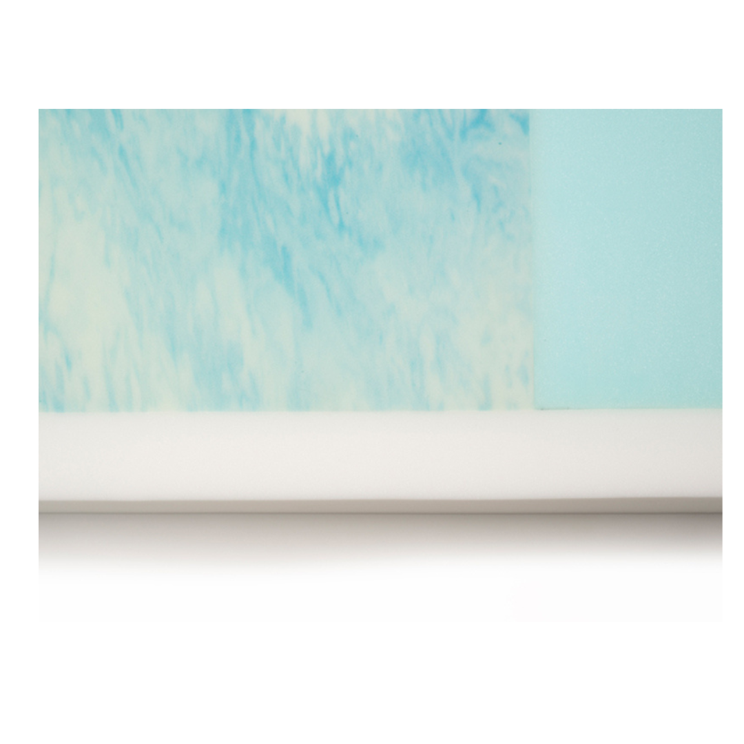A close-up of the Proactive Protekt® 500 Gel Infused Foam Pressure Redistribution Mattress cross-section displays layers of white, light blue marbled, and solid light blue foam set against a white background.