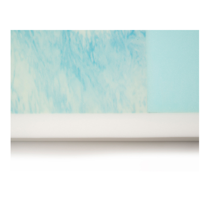 A close-up of the Proactive Protekt® 500 Gel Infused Foam Pressure Redistribution Mattress cross-section displays layers of white, light blue marbled, and solid light blue foam set against a white background.
