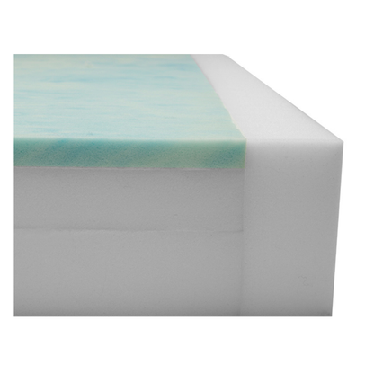 A close-up of the Proactive Protekt® 500 Gel Infused Foam Pressure Redistribution Mattress shows a thin blue-green gel-infused top layer over thicker white foam layers, isolated on a white background.