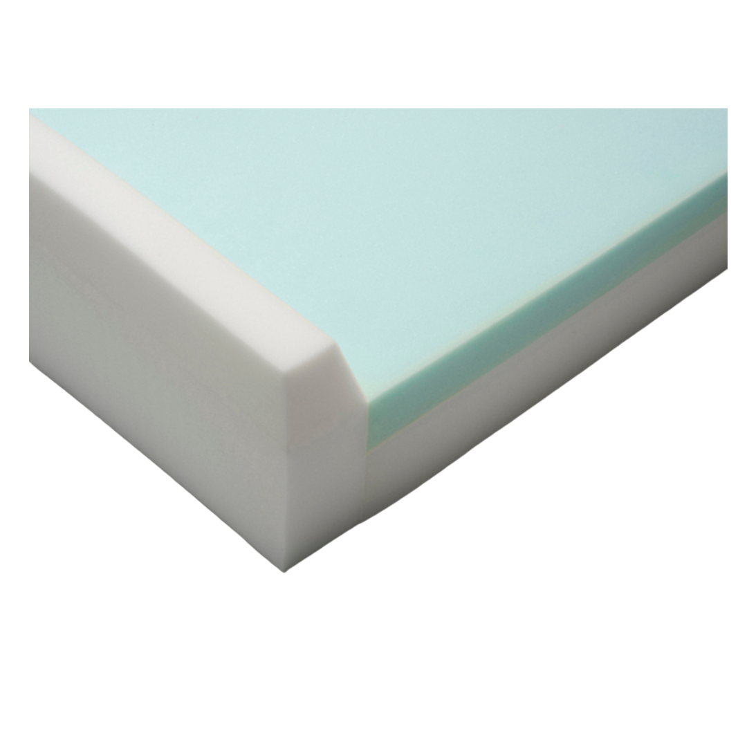 A close-up of the Proactive Protekt® 500 Gel Infused Foam Pressure Redistribution Mattress, featuring a rectangular shape with a white base layer and light blue top layer, shown against a white background.
