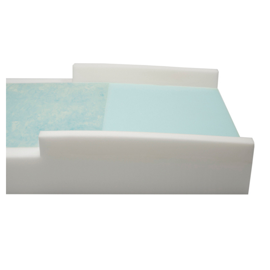 A close-up of the Proactive Protekt® 500 Gel Infused Foam Pressure Redistribution Mattress, featuring blue and white layered foam in a white frame, displayed on a plain white background.