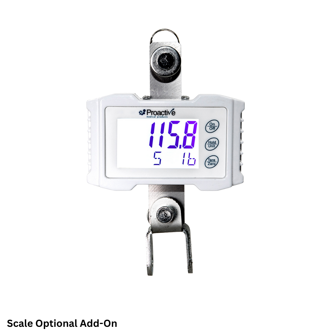 The Proactive Medical Protekt® 500 & 600 Electric Patient Lifts feature an optional digital hanging scale with side buttons, metal hooks at both ends, and a display showing 115.8 pounds. Text below the scale reads: Scale Optional Add-On.