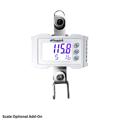 The Proactive Medical Protekt® 500 & 600 Electric Patient Lifts feature an optional digital hanging scale with side buttons, metal hooks at both ends, and a display showing 115.8 pounds. Text below the scale reads: Scale Optional Add-On.