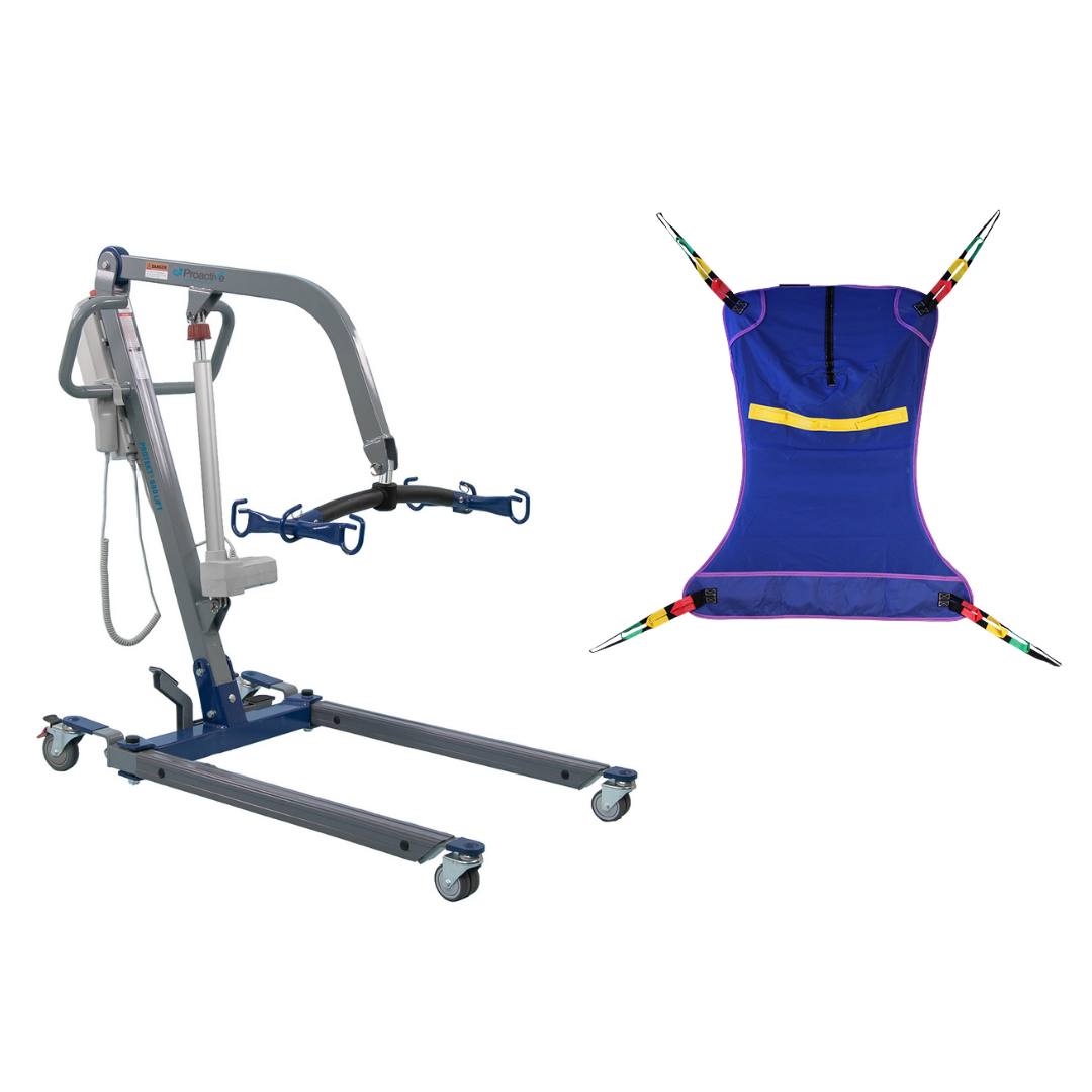 The Proactive Medical Protekt® 500 & 600 Electric Patient Lifts are shown beside a blue fabric sling with colored straps, designed for safe, easy transfers of individuals with limited mobility.