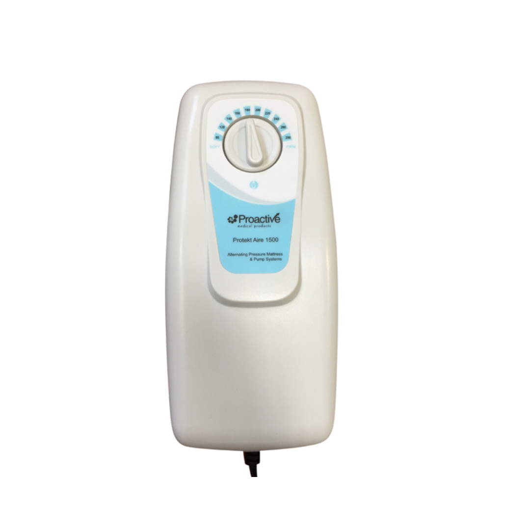 A white Proactive Protekt® Aire 1500 Deluxe Adjustable Alternating Pressure Overlay with a rotary dial and indicator lights—ideal for spaces prioritizing pressure ulcer prevention or medical-grade mattress overlays.