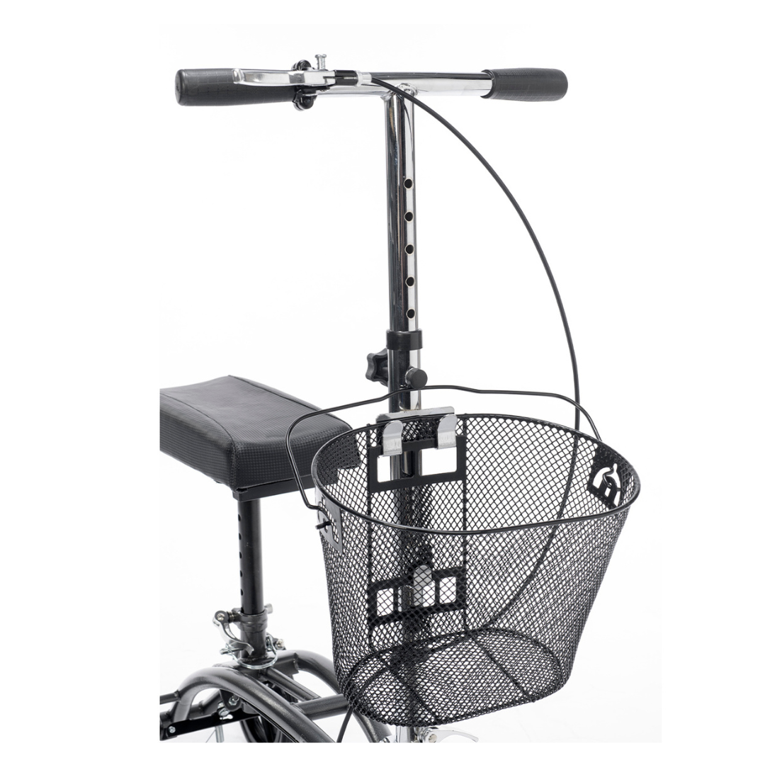 Close-up of the Proactive Protekt® Gazelle Portable Knee Walker's black handlebar, wire mesh front basket, and padded seat—an ideal mobility aid for foot and ankle recovery—shown against a white background.